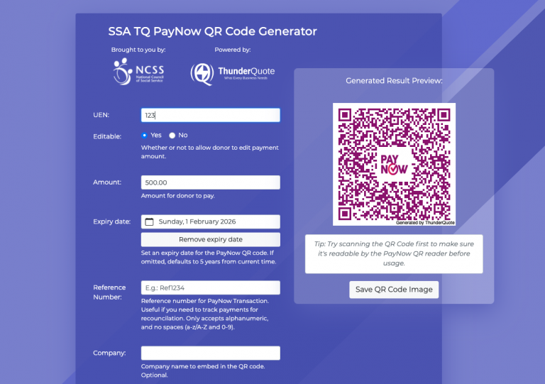 Free QR code generators for SSAs/Non-Profits to generate customized SGQR PayNow codes for donations and payments.